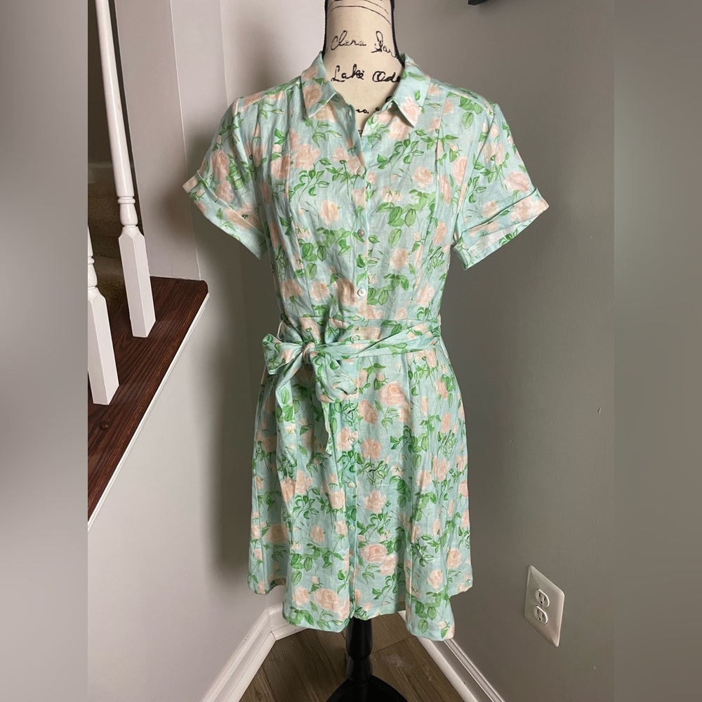 Hill House Dress 100% Linen Blue Roses NWT Size Small Perfect!